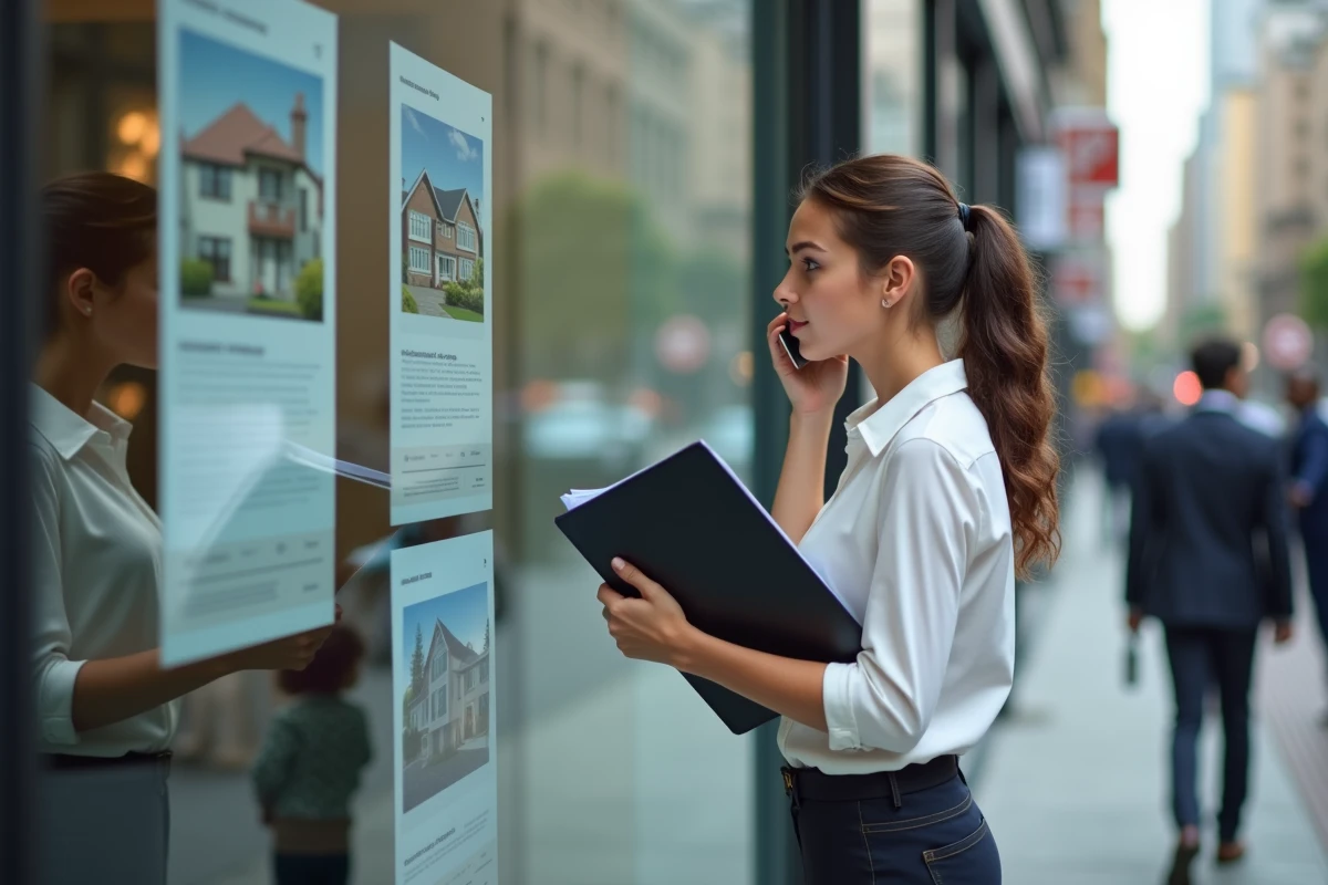 Jeune femme lisant annonces immobili&egrave;res en ville
