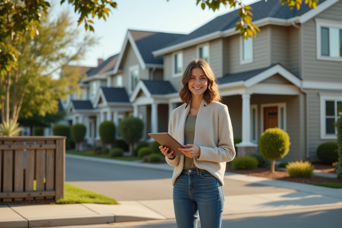 Jeune femme souriante devant une maison duplex résidentielle
