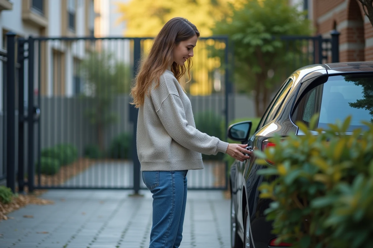 Jeune femme d&eacute;verrouillant sa voiture dans un parking priv&eacute;