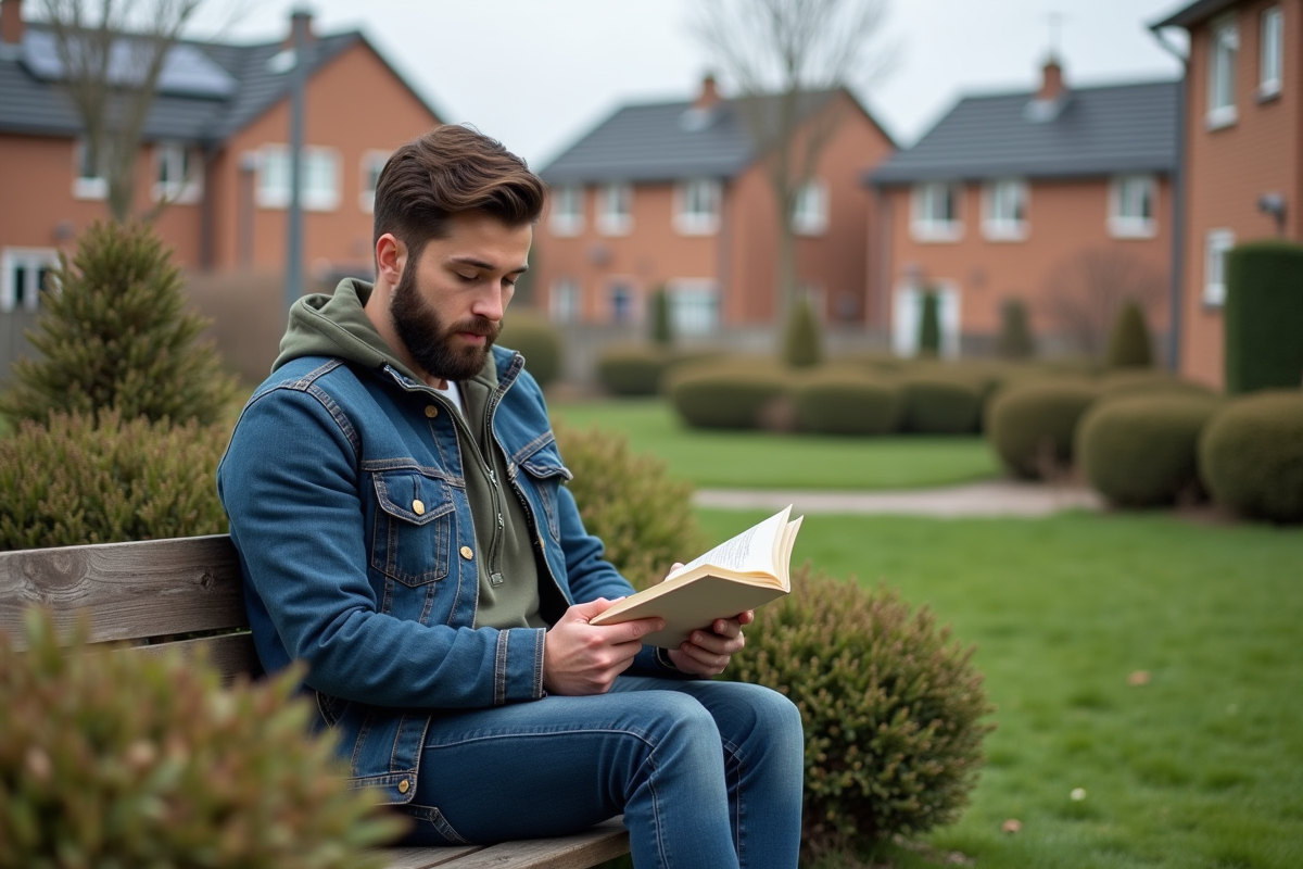 Jeune homme lisant dans un espace vert de quartier résidentiel