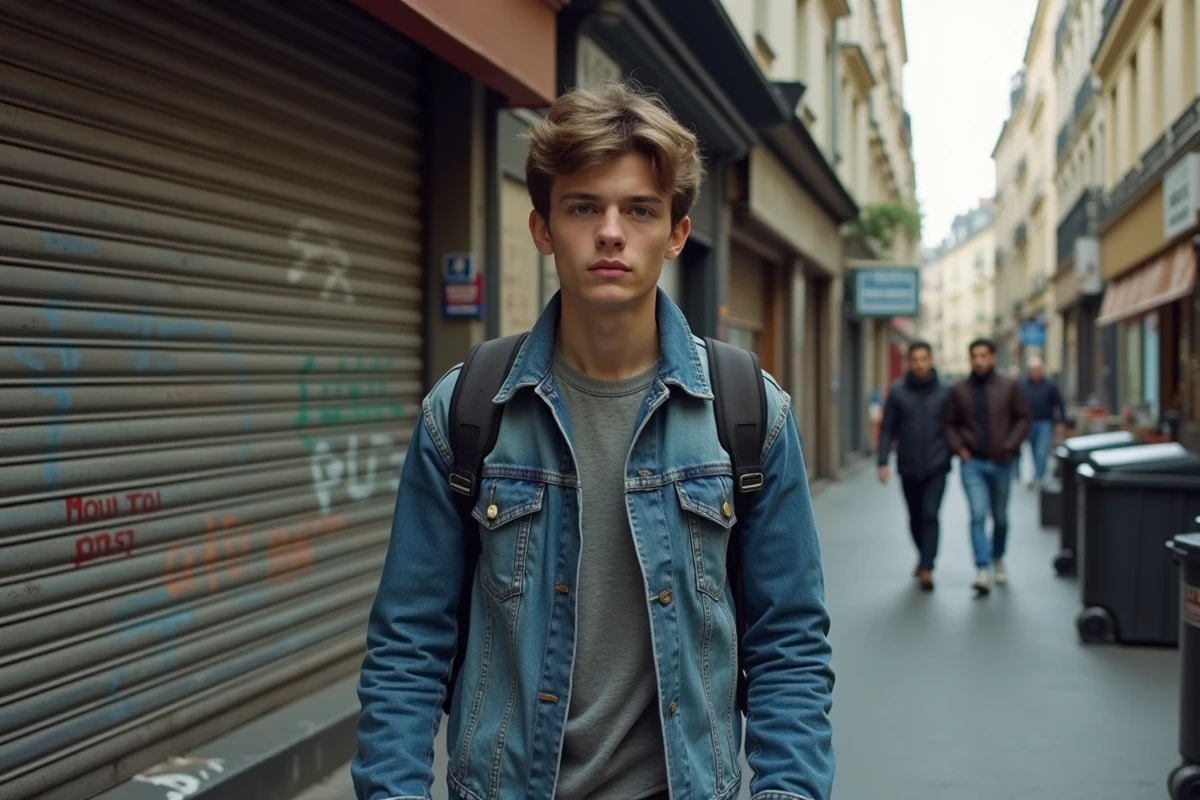 Jeune homme marchant dans une rue de Mille avec graffitis