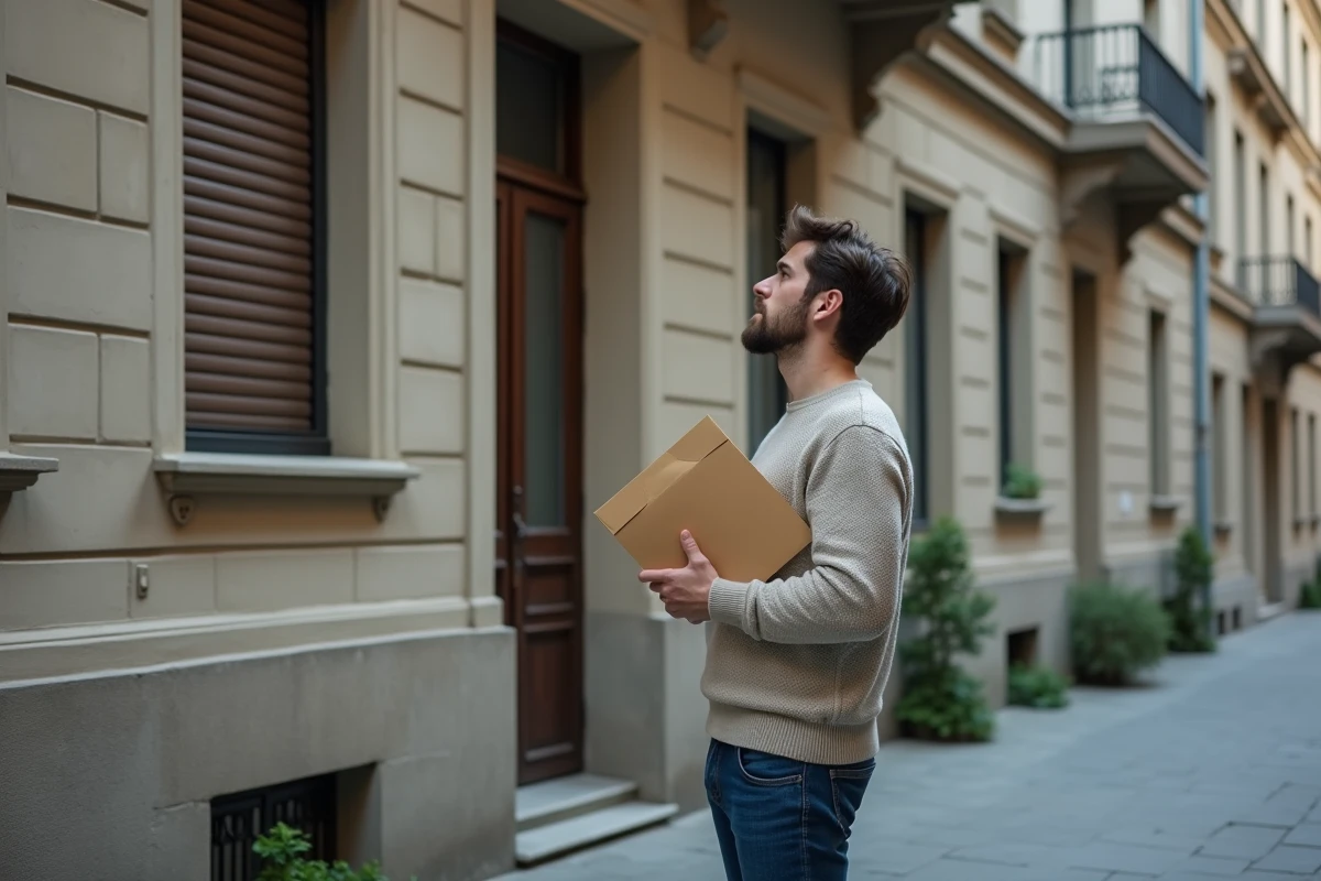 Jeune homme regardant un immeuble vacant dans une rue de ville