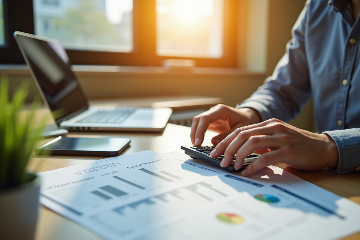 Jeune professionnel examinant documents financiers et annonces de location