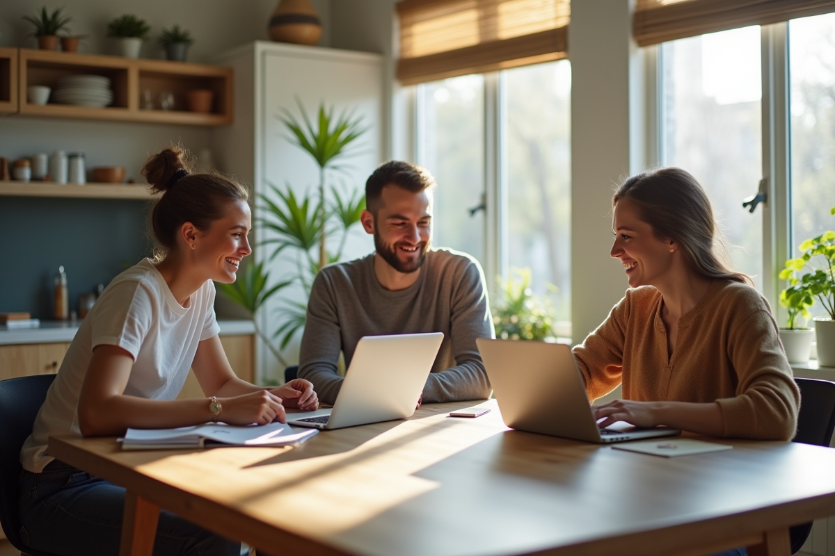 Trois jeunes adultes discutent autour d'une table de cuisine lumineuse