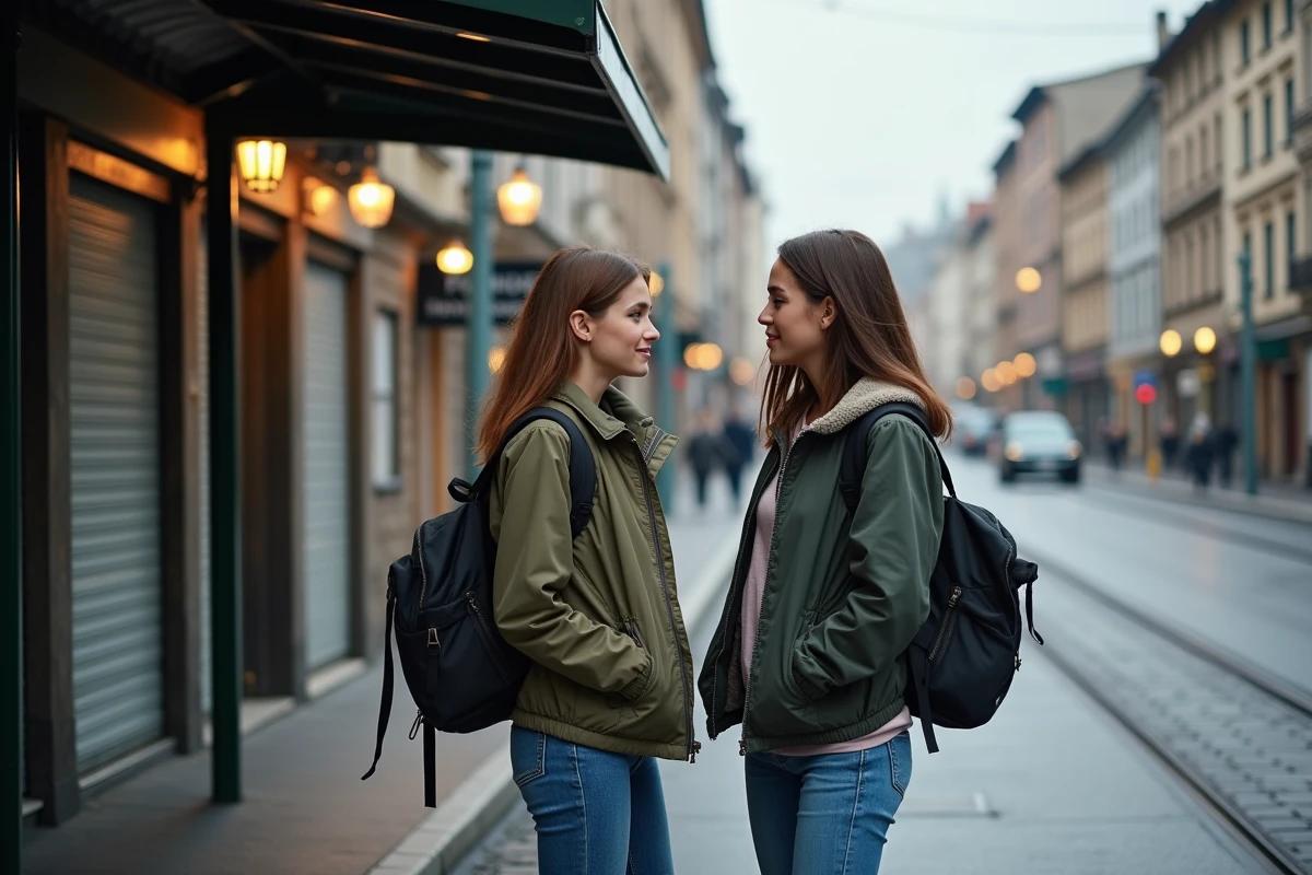 Deux jeunes femmes discutant &agrave; un arr&ecirc;t de tram