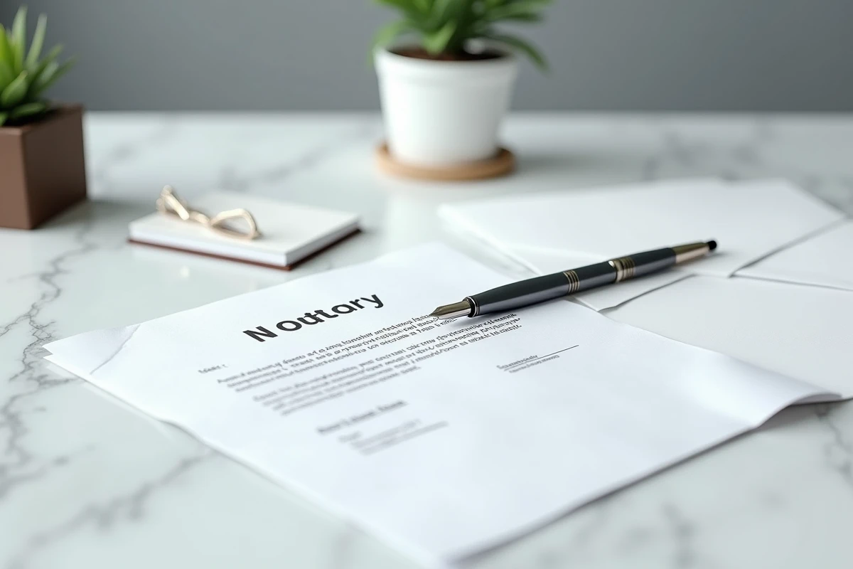 Gros plan d'une lettre formelle adressée à un notaire avec stylo plume et enveloppe sur un bureau moderne