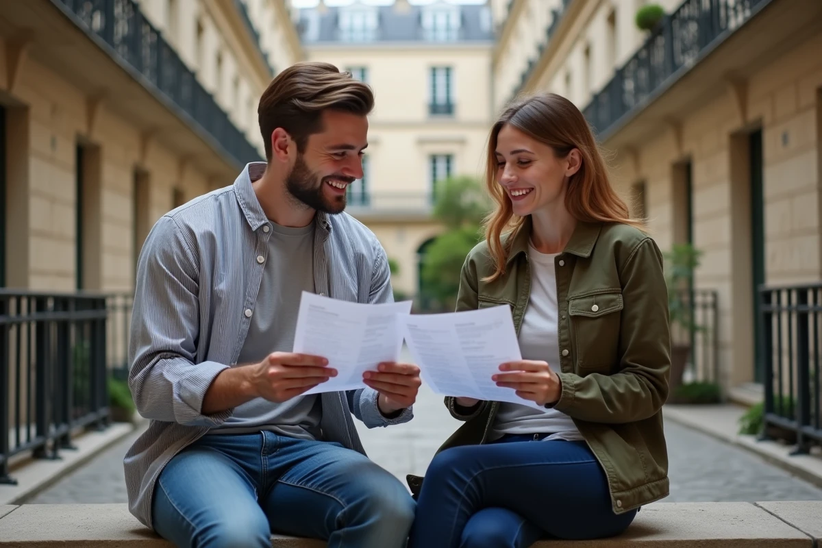 Couple consultant des annonces de logement Locannonce Paris dans une cour intérieure haussmannienne