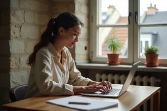 Jeune femme consultant la plateforme Locannonce Paris sur un ordinateur portable dans un appartement parisien