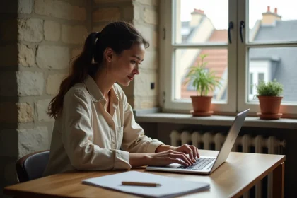 Jeune femme consultant la plateforme Locannonce Paris sur un ordinateur portable dans un appartement parisien