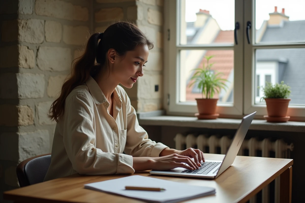Jeune femme consultant la plateforme Locannonce Paris sur un ordinateur portable dans un appartement parisien