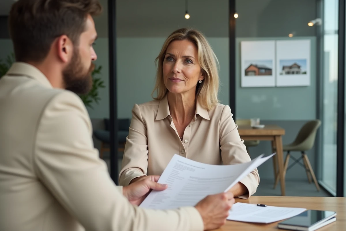 Locataire discutant d'un contrat immobilier avec un agent Orpi Invest Immo dans une agence moderne