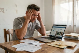 Locataire stressé face à des factures impayées d'assurance habitation sur une table en bois