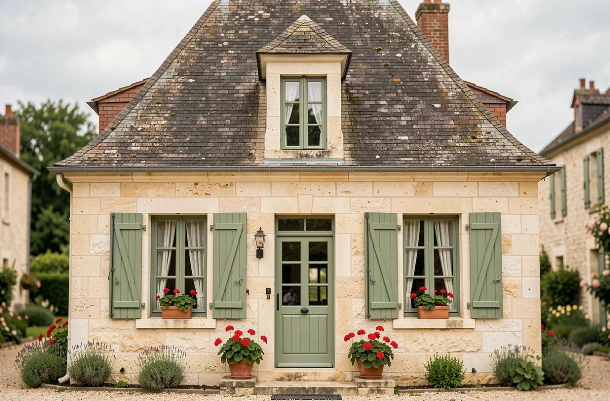 Maison individuelle Logis Amboisien en tuffeau avec volets verts et terrasse fleurie près d'Amboise en Indre-et-Loire