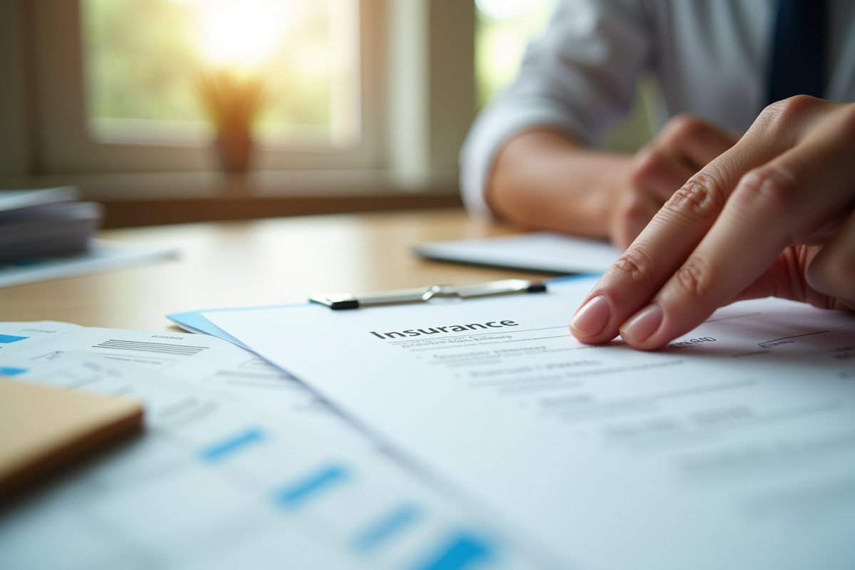 Main posant un certificat d'assurance sur un bureau en bois