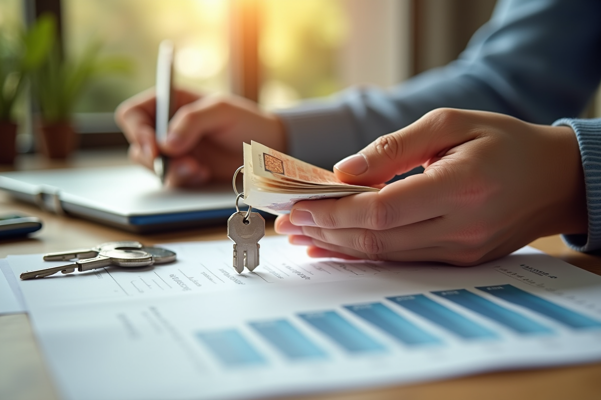Mains tenant des billets et clés de maison sur un bureau