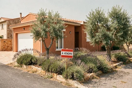 Maison à vendre dans l'Hérault avec panneau immobilier dans un jardin méditerranéen, vente urgente cause divorce