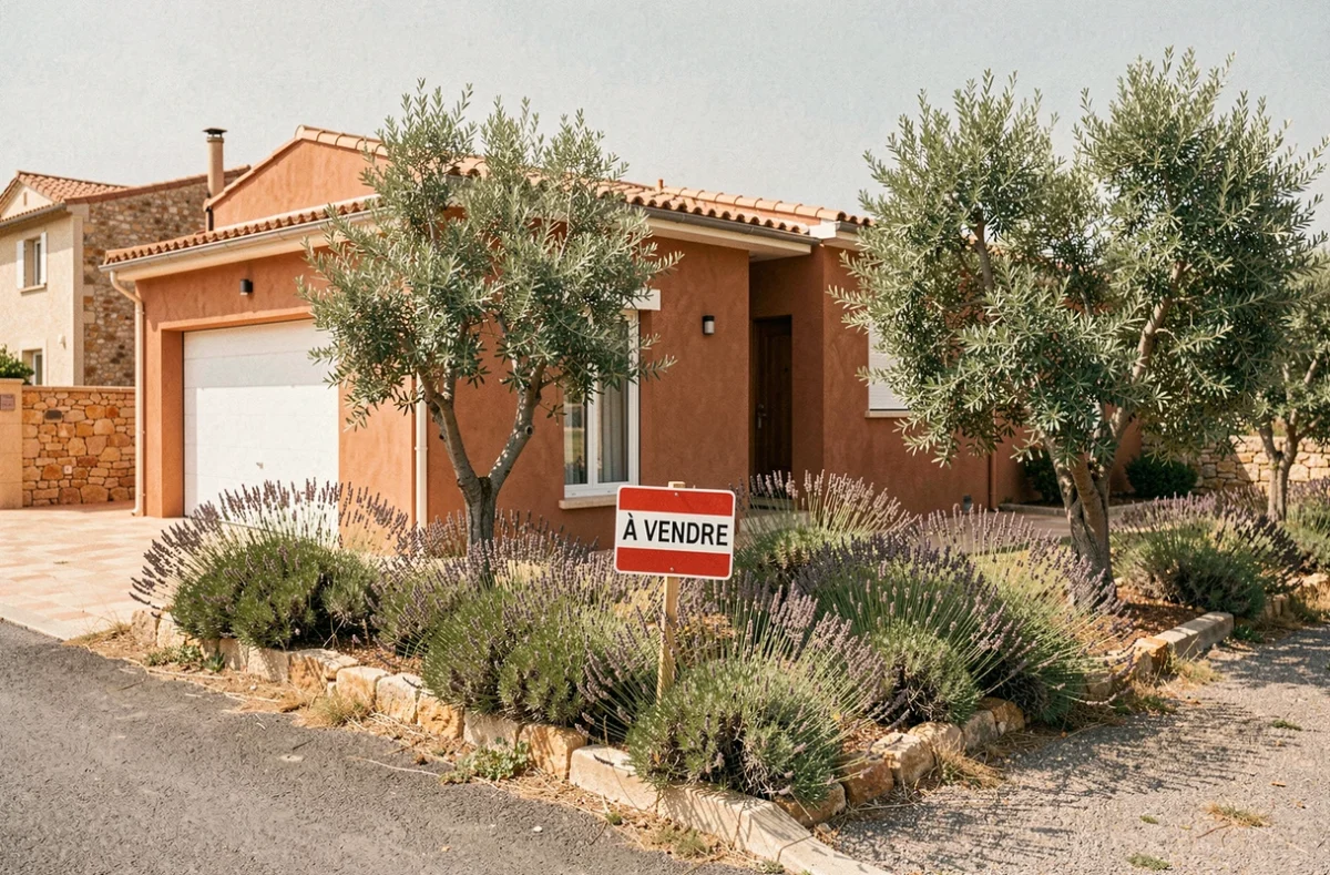 Maison à vendre dans l'Hérault avec panneau immobilier dans un jardin méditerranéen, vente urgente cause divorce