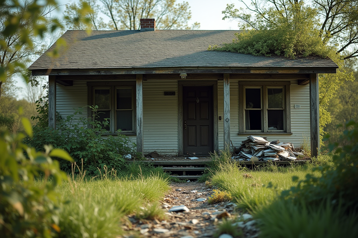 Maison abandonnée avec jardin envahi par la végétation