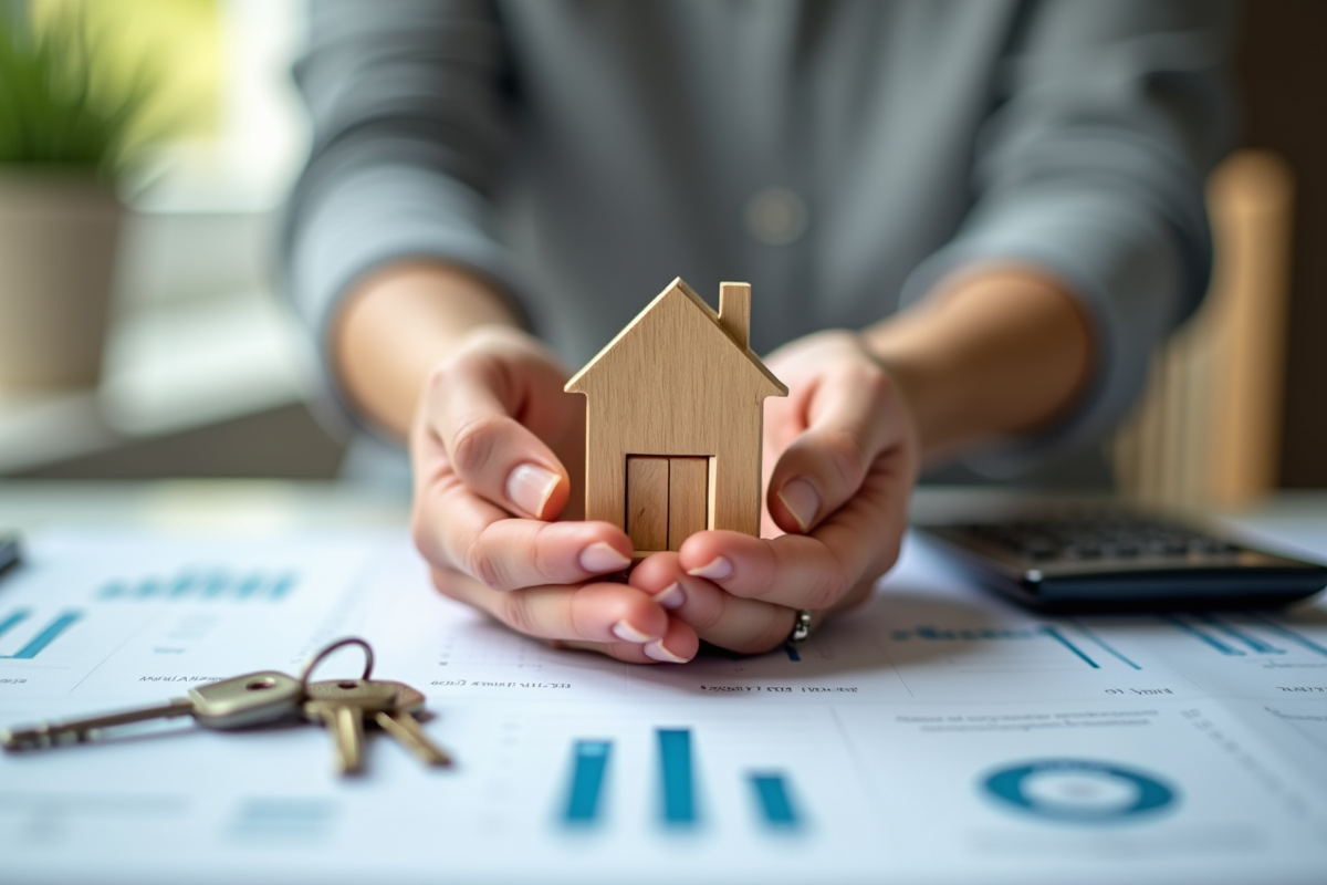 Mains tenant une petite maison en bois et des clés sur un bureau