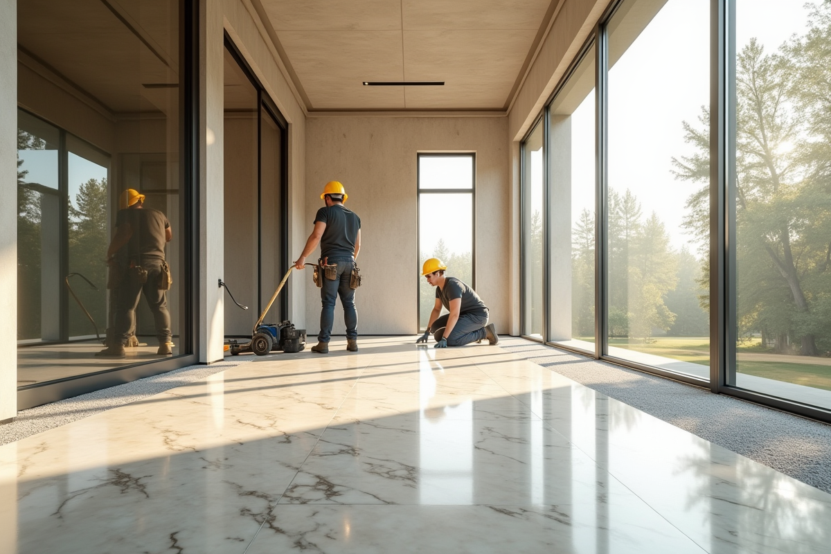 Maison moderne de luxe en construction avec panneaux et marbre