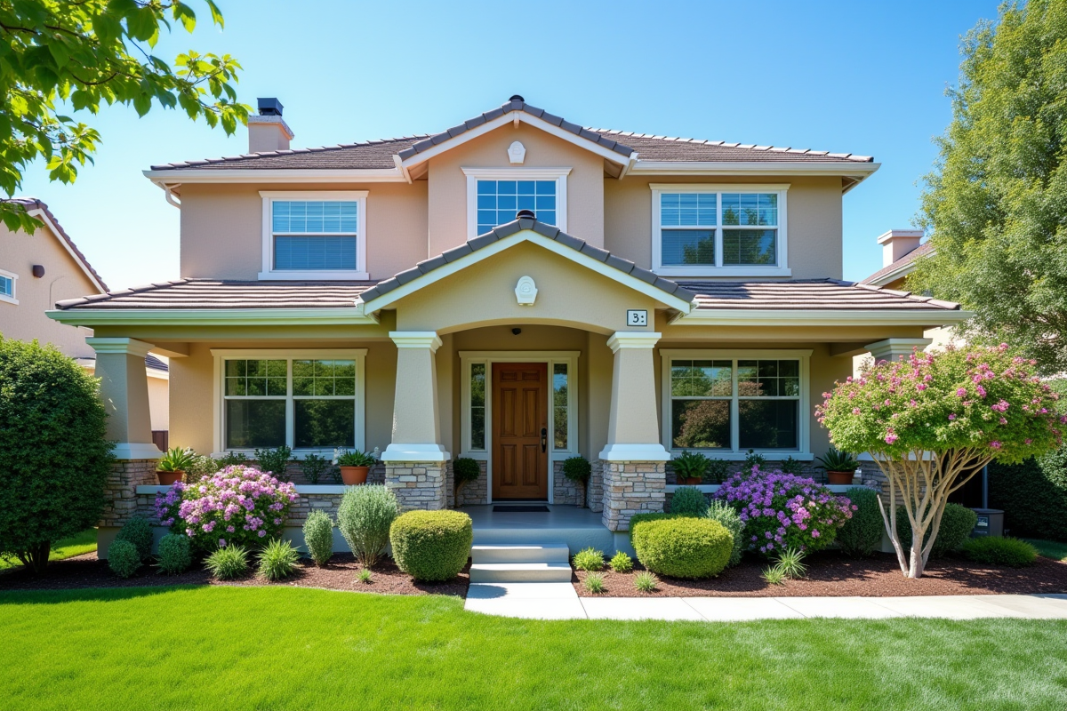 Façade de maison rénovée avec jardin bien entretenu