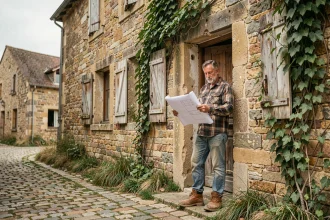 Homme examinant une maison de village abandonnée en pierre avec des volets usés et de la végétation envahissante, tenant un plan de rénovation
