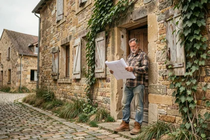 Homme examinant une maison de village abandonnée en pierre avec des volets usés et de la végétation envahissante, tenant un plan de rénovation