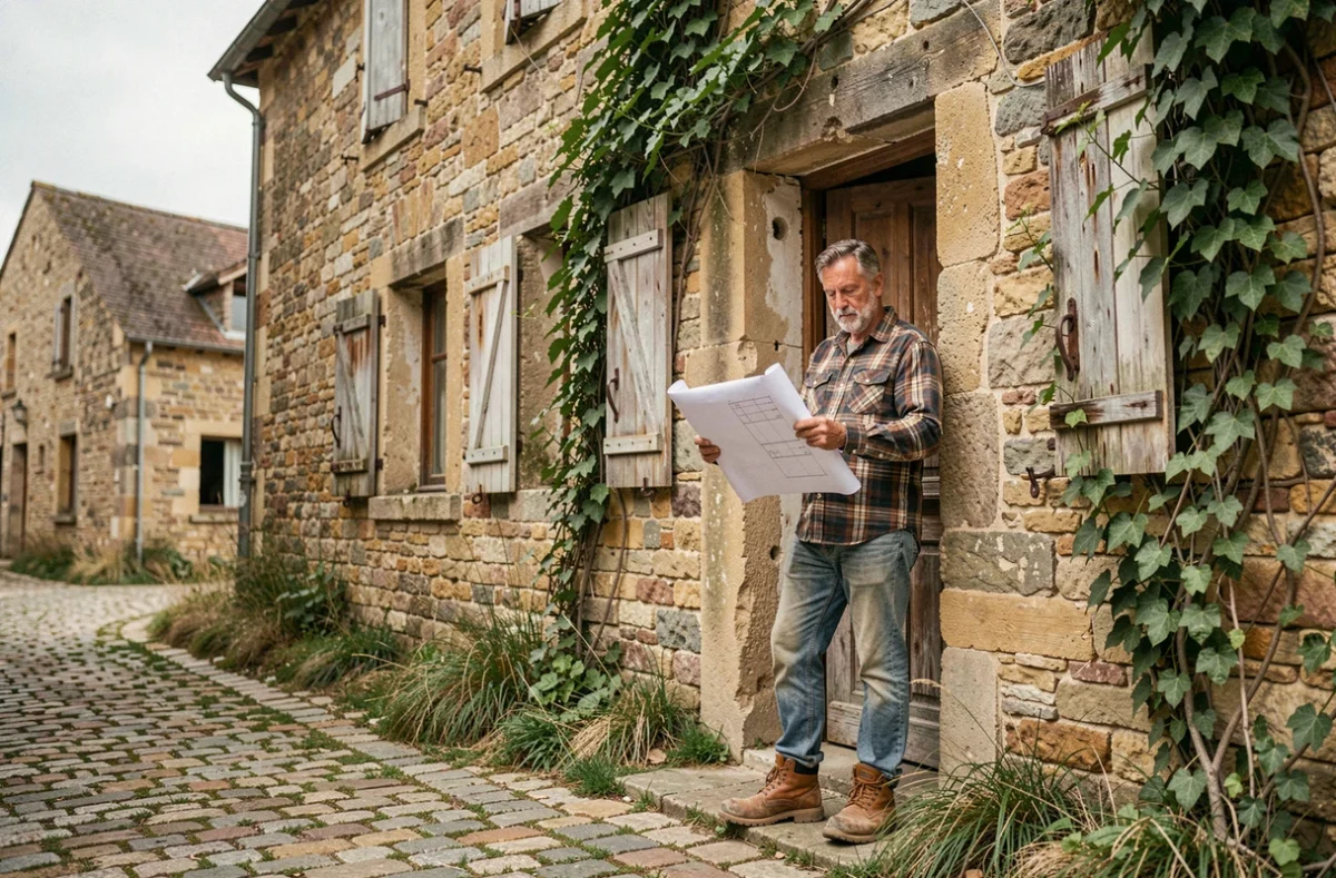 Homme examinant une maison de village abandonnée en pierre avec des volets usés et de la végétation envahissante, tenant un plan de rénovation