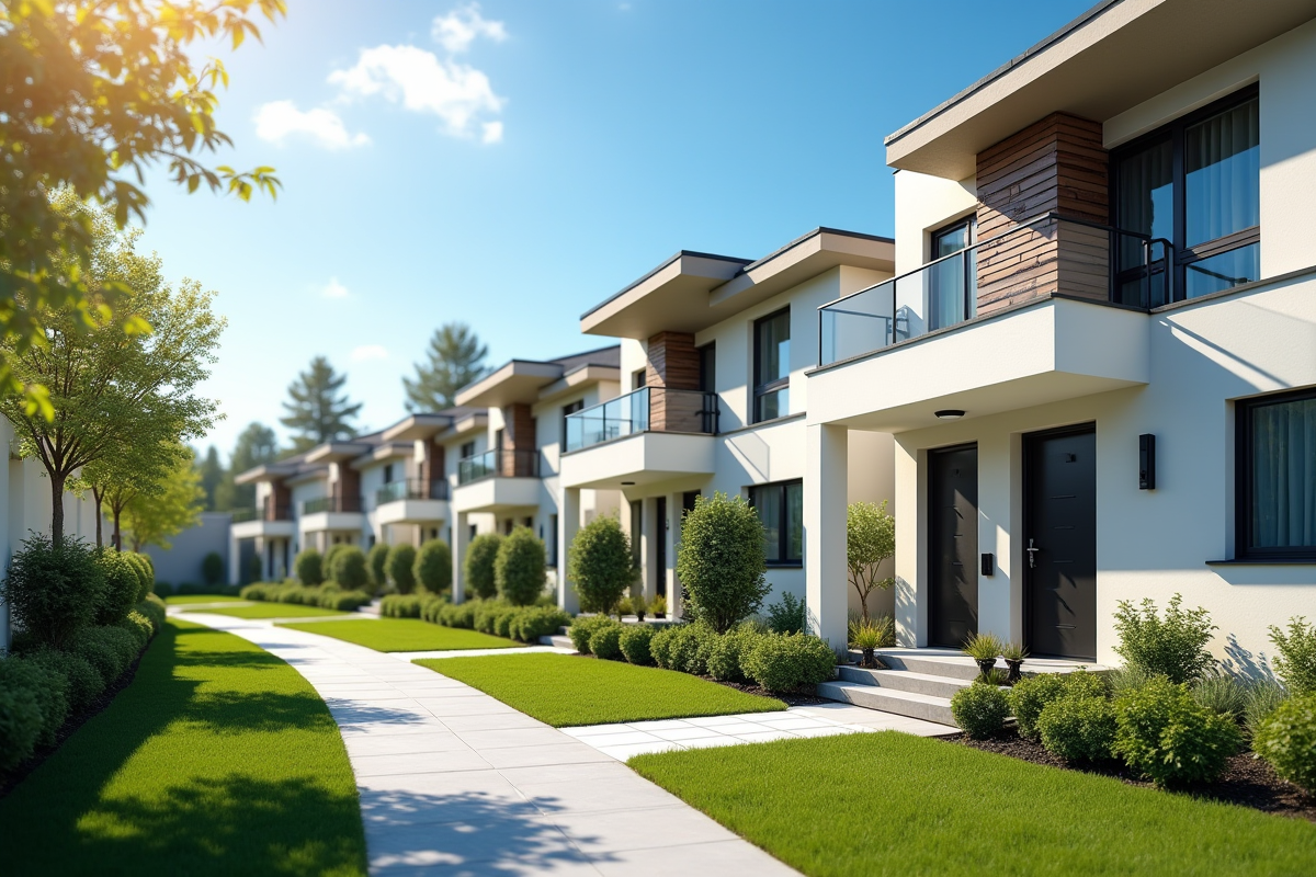 Ligne de maisons modernes avec jardins sous un ciel bleu ensoleille
