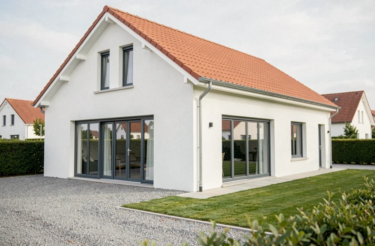 Maison neuve Maisons France Confort avec façade blanche et fenêtres grises dans un lotissement pavillonnaire près de Tours