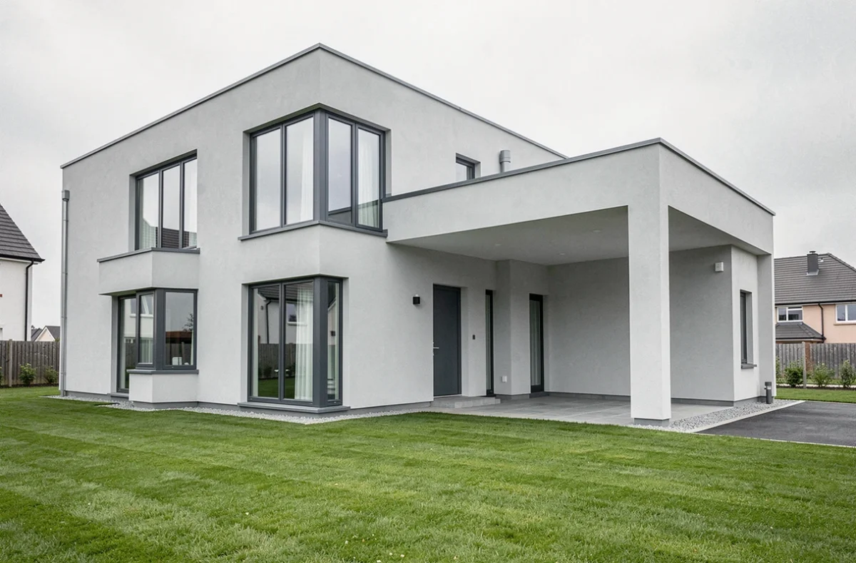 Maison neuve Maisons Pierre avec façade grise et baies vitrées aluminium dans un lotissement d'Indre-et-Loire