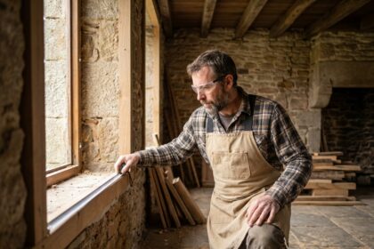 Menuisier professionnel mesurant un encadrement de fenêtre en bois dans une maison bretonne à Rennes