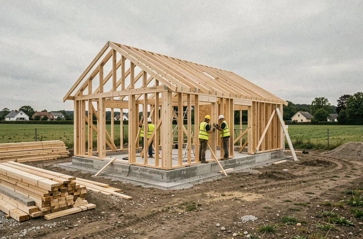 Chantier de construction d'une maison Mikit en ossature bois avec ouvriers en gilets fluorescents en Indre-et-Loire