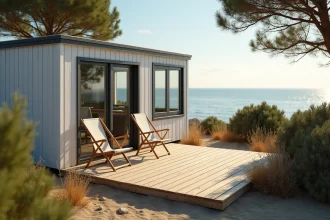 Mobil-home moderne sur parcelle de terrain en bord de mer avec terrasse en bois et vue sur la Méditerranée