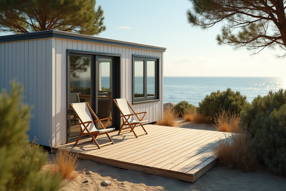 Mobil-home moderne sur parcelle de terrain en bord de mer avec terrasse en bois et vue sur la Méditerranée