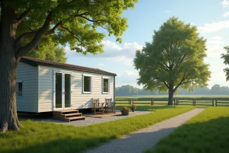 Mobil-home sur parcelle de terrain en Vendée entouré d'arbres et de verdure pour une retraite paisible