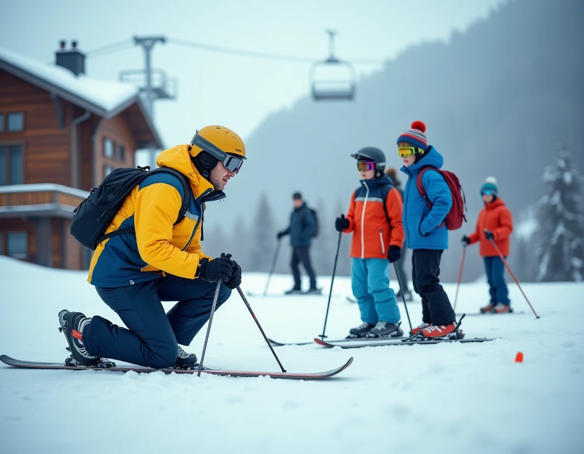 Moniteur de ski en uniforme de l'ESF donnant un cours à des débutants au pied des pistes de La Croisette aux Menuires