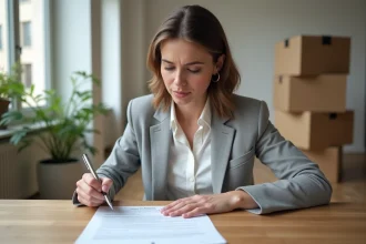 Femme signant un contrat de location en zone tendue dans un appartement parisien moderne
