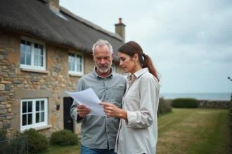 Couple en train de négocier le prix d'une petite maison normande avec vue mer devant une façade en pierre