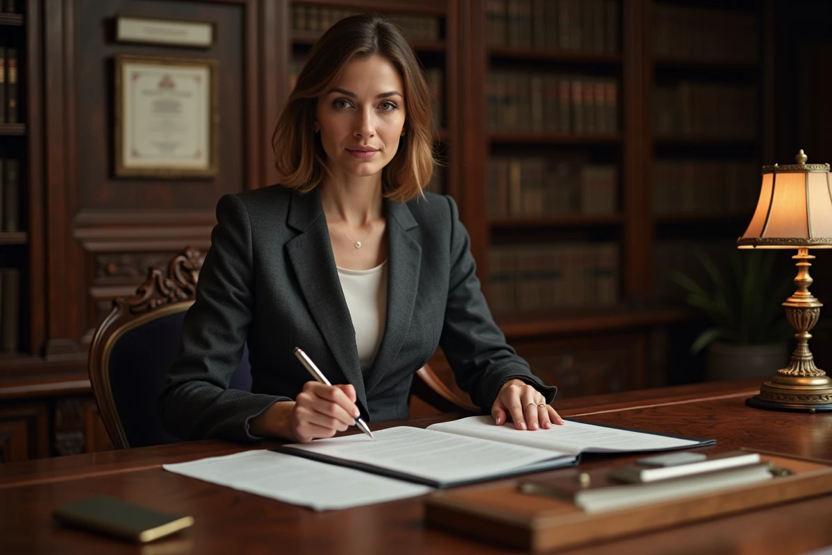 Notaire féminine consultant un acte de vente immobilier dans un bureau traditionnel avec bibliothèque juridique