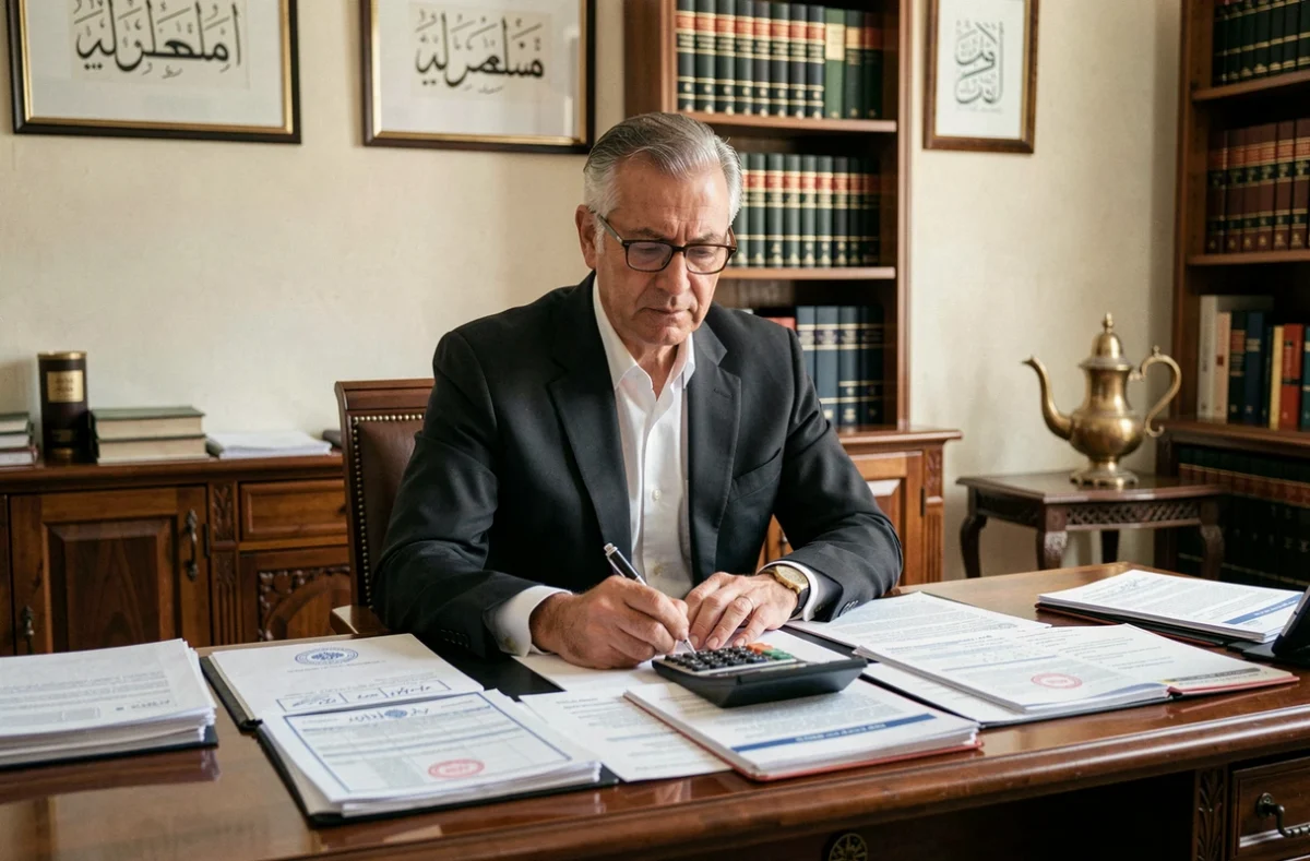 Notaire marocain examinant des documents officiels et formulaires fiscaux liés à l'achat immobilier à Marrakech