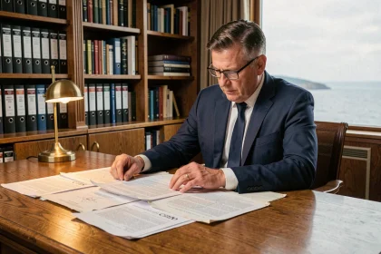 Notaire examinant des documents administratifs pour la vente d'un terrain en bord de mer dans son bureau