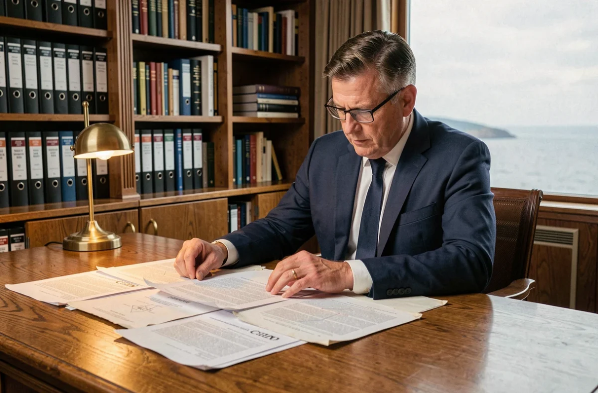 Notaire examinant des documents administratifs pour la vente d'un terrain en bord de mer dans son bureau