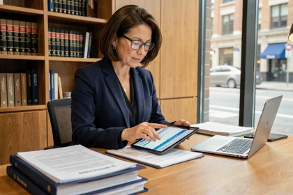Notaire femme consultant un logiciel de gestion des risques sur tablette dans un bureau professionnel moderne