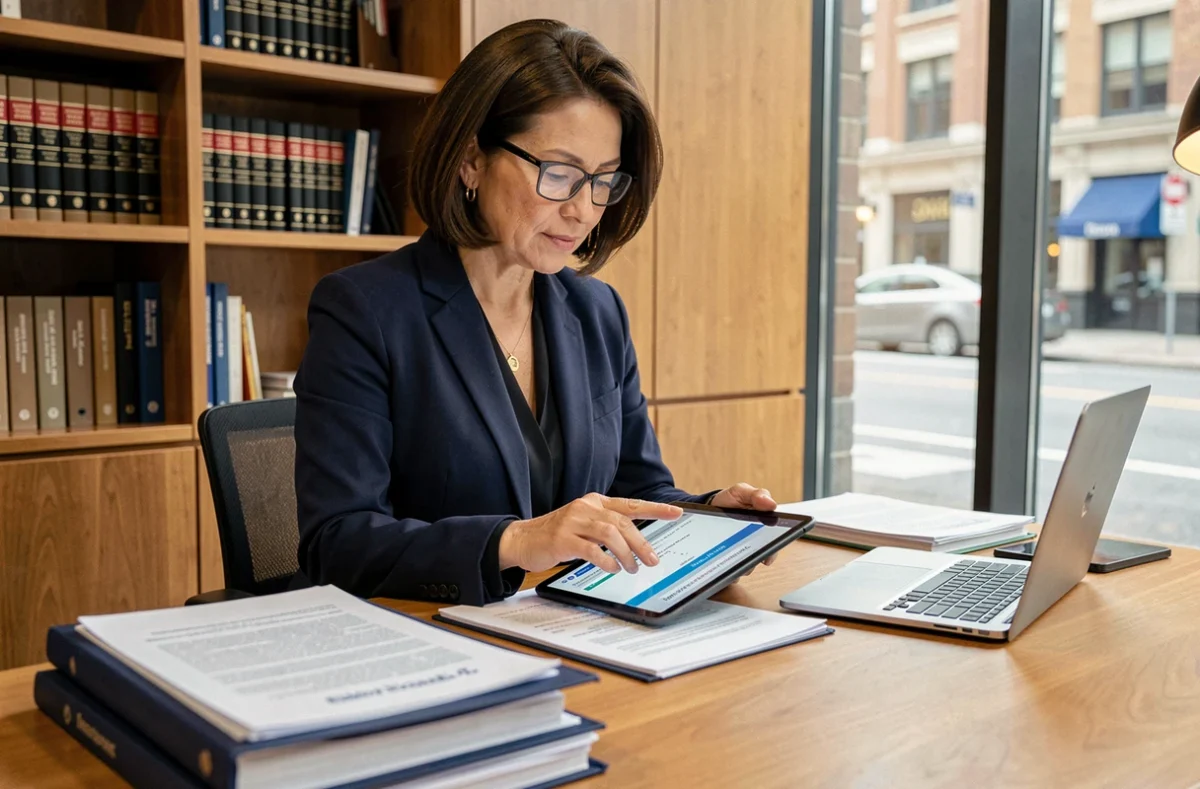 Notaire femme consultant un logiciel de gestion des risques sur tablette dans un bureau professionnel moderne