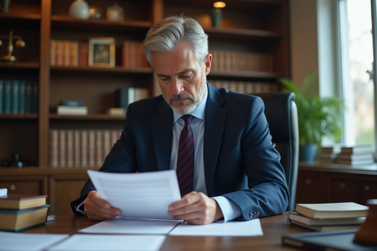 Notaire en costume lisant une offre de prêt dans son bureau
