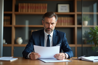 Homme d'âge moyen en costume bleu dans un bureau notarial