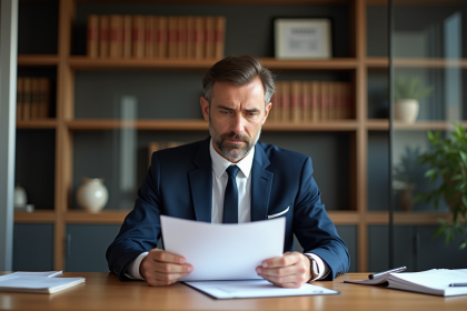 Homme d'âge moyen en costume bleu dans un bureau notarial