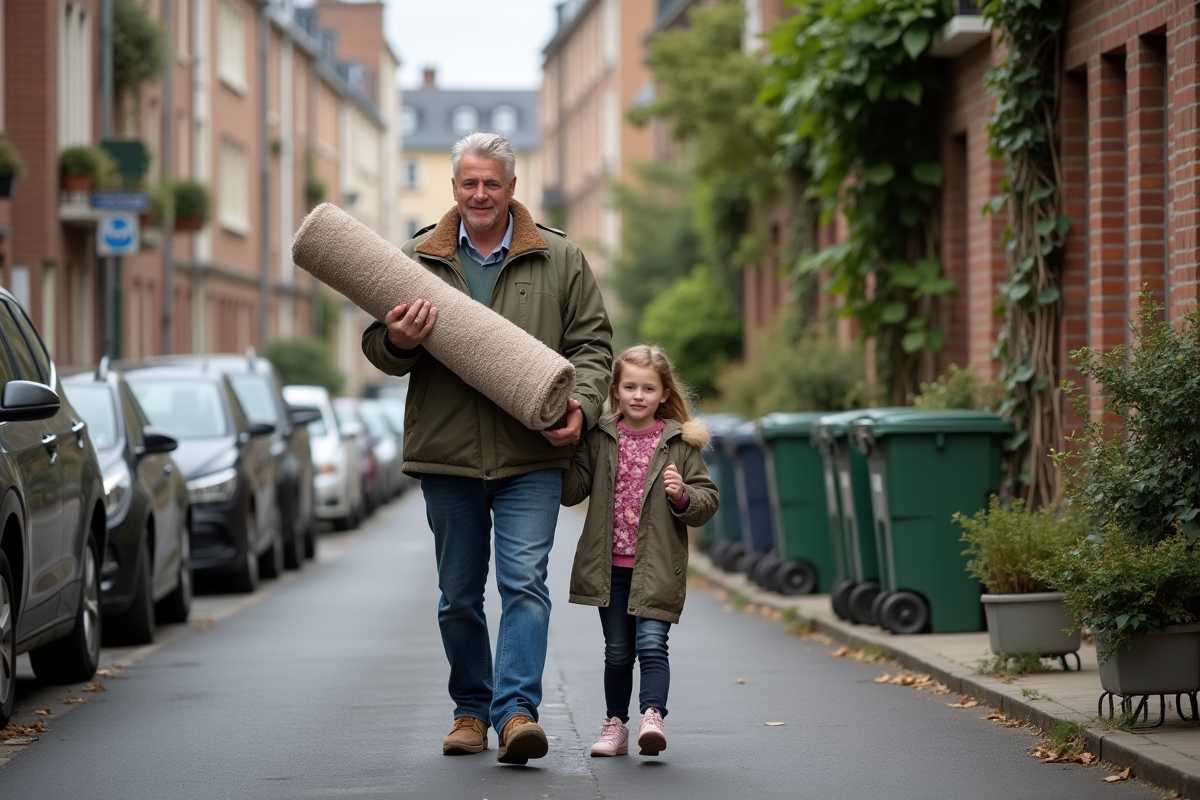 Père et fille portant un tapis dehors devant un immeuble en briques