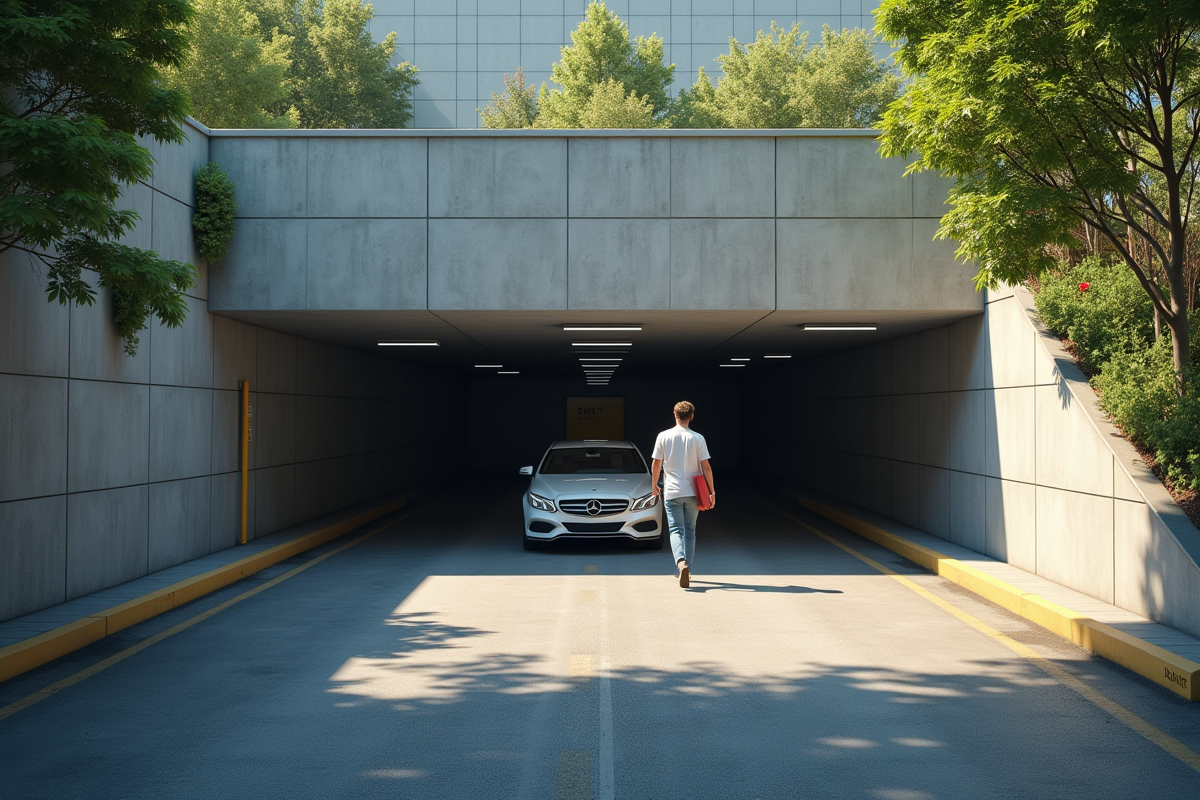 Entrée de parking souterrain avec voiture et personnes avec dossiers